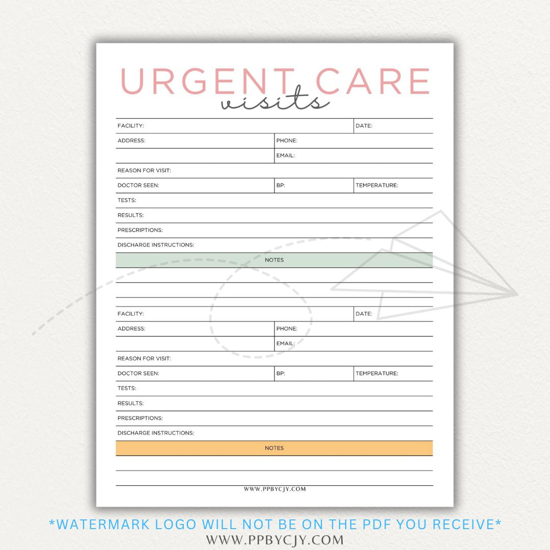 Urgent Care Visit Tracker Printable PDF Template for logging symptoms, diagnoses, treatments, and medications for medical history tracking.

