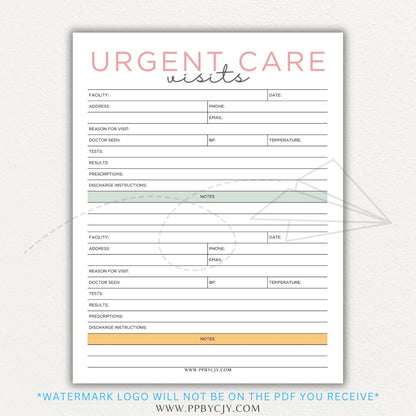 Urgent Care Visit Tracker Printable PDF Template for logging symptoms, diagnoses, treatments, and medications for medical history tracking.

