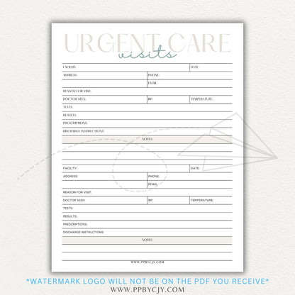 Urgent Care Visit Tracker Printable PDF Template for logging symptoms, diagnoses, treatments, and medications for medical history tracking.

