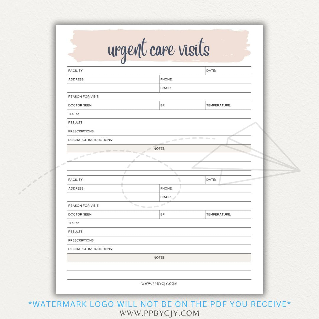 Urgent Care Visit Tracker Printable PDF Template for logging symptoms, diagnoses, treatments, and medications for medical history tracking.

