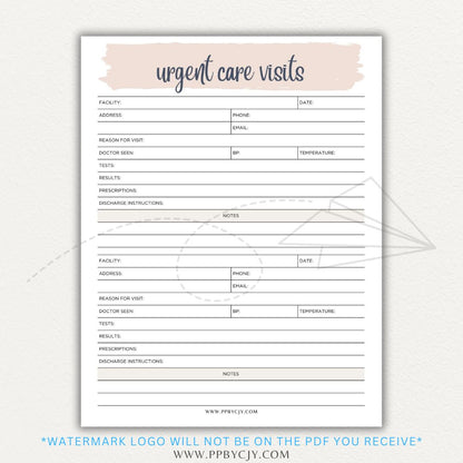 Urgent Care Visit Tracker Printable PDF Template for logging symptoms, diagnoses, treatments, and medications for medical history tracking.

