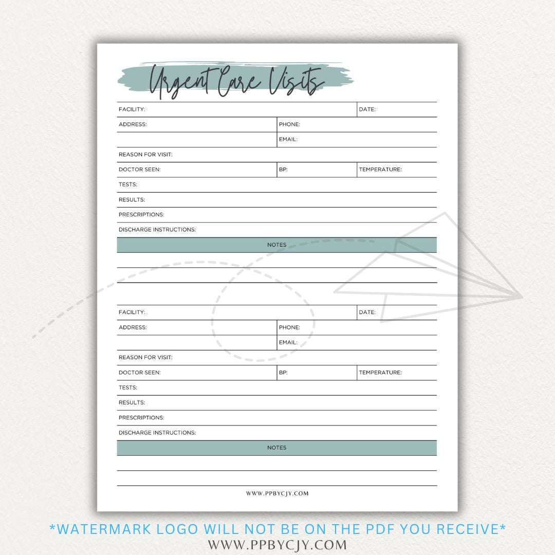 Urgent Care Visit Tracker Printable PDF Template for logging symptoms, diagnoses, treatments, and medications for medical history tracking.

