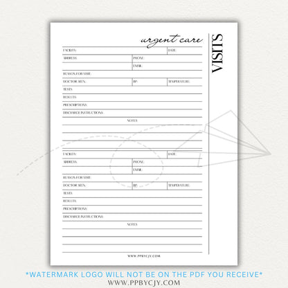 Urgent Care Visit Tracker Printable PDF Template for logging symptoms, diagnoses, treatments, and medications for medical history tracking.

