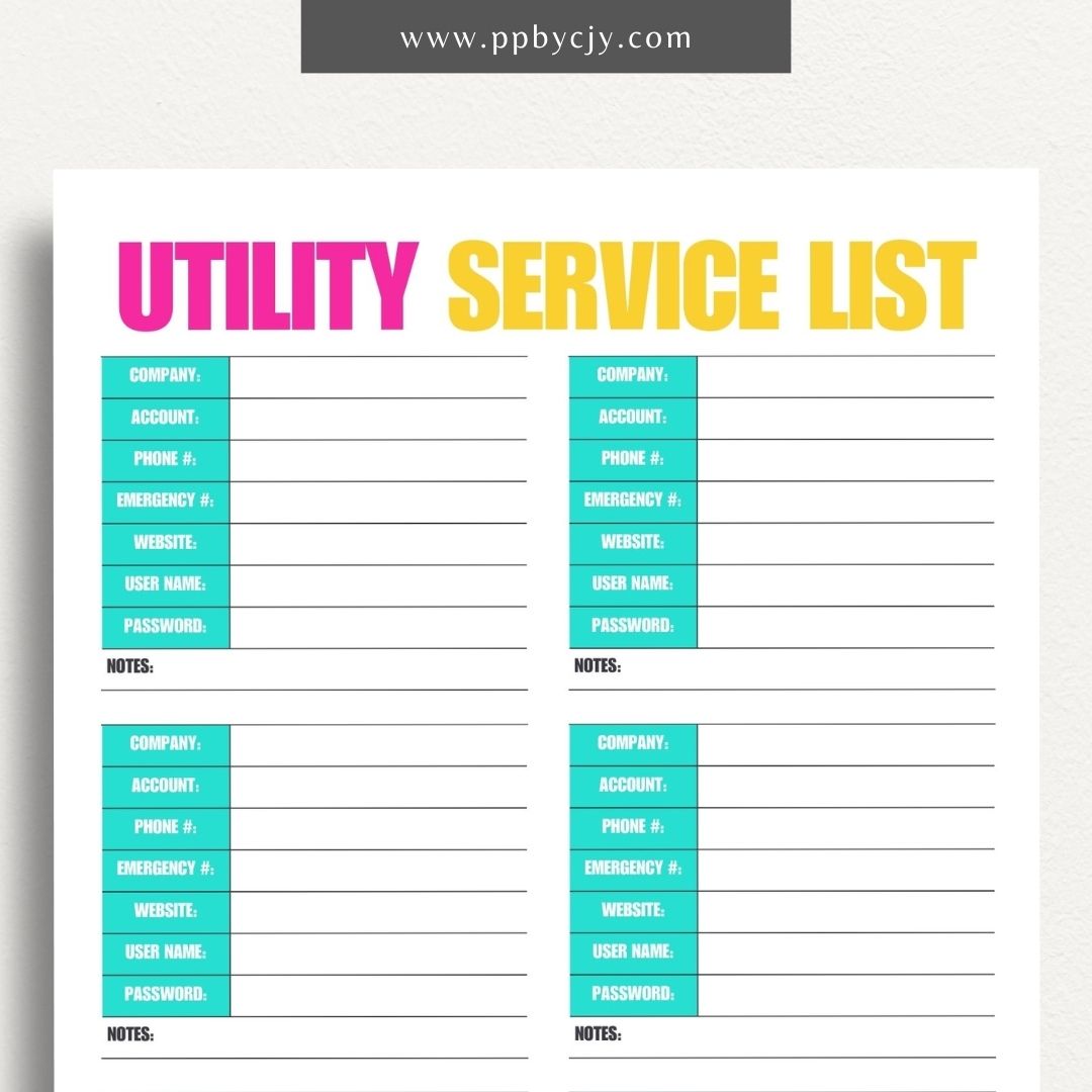 Visual representation of printable utility provider contact list template with service details and emergency numbers.