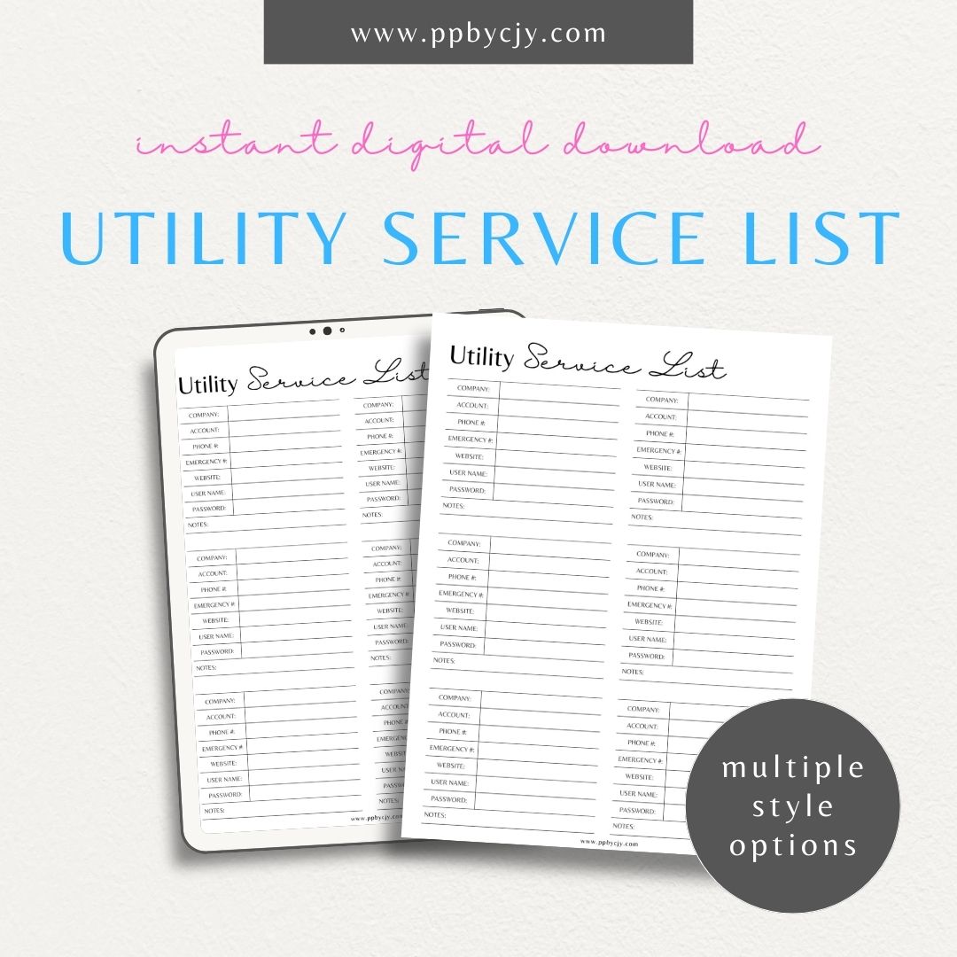 Visual representation of printable utility provider contact list template with service details and emergency numbers.