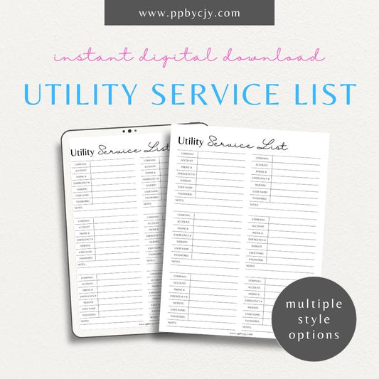 Utility Provider Contact List Printable Template – Digital download for organizing and managing contact information for utility providers, including phone numbers, email addresses, and account details