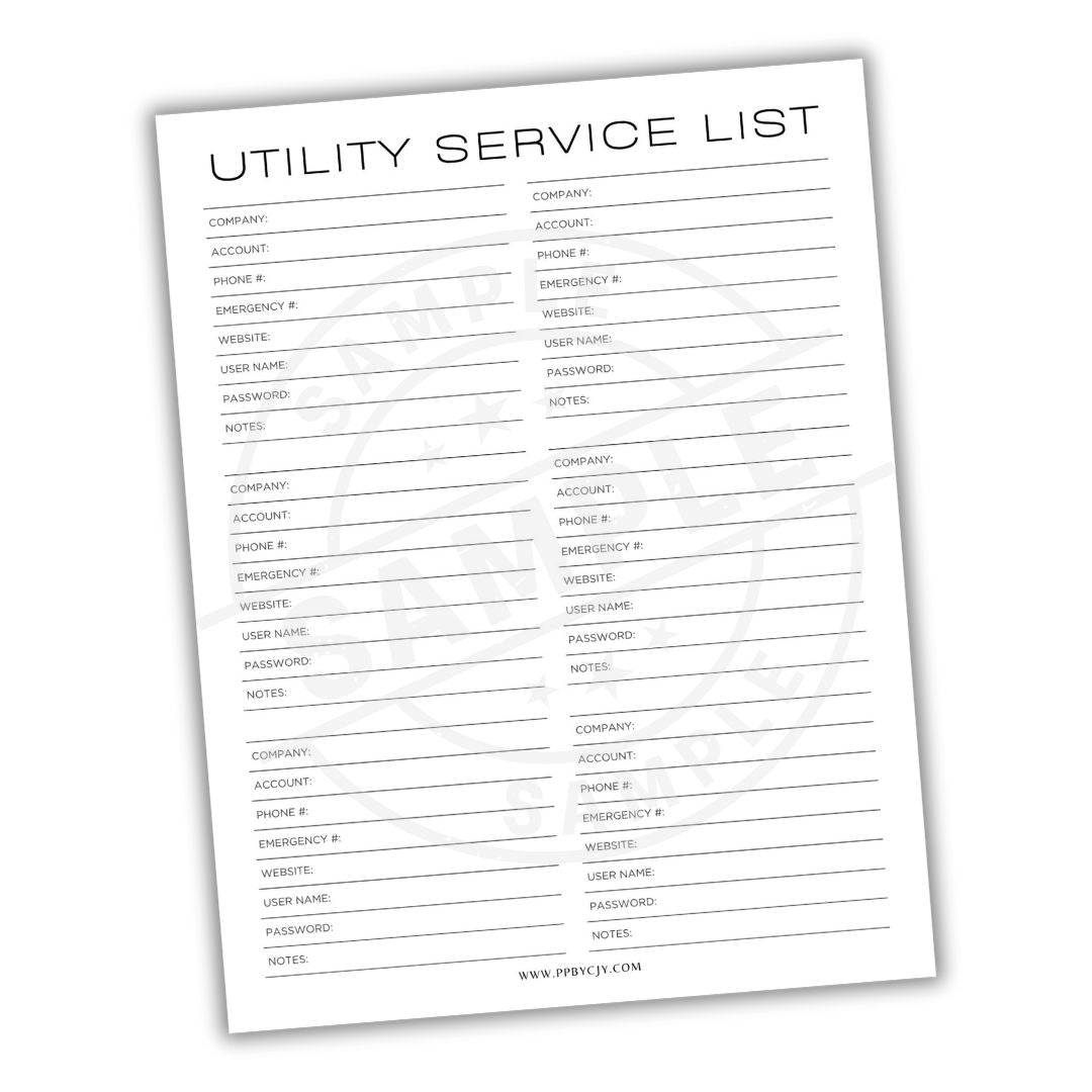 Utility service list template on a white background