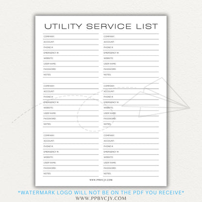 Utility Provider Contact List Printable PDF Template for organizing essential service contacts.

