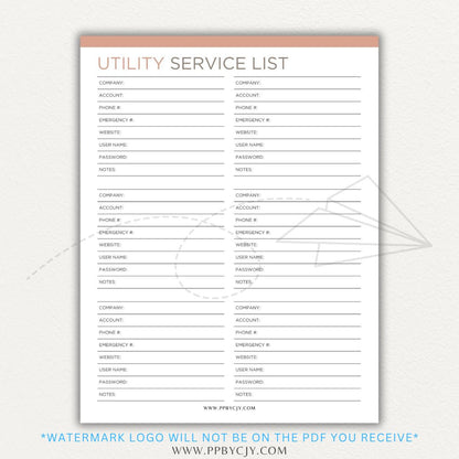 Utility Provider Contact List Printable PDF Template for organizing essential service contacts.

