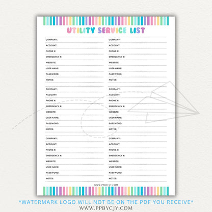 Utility Provider Contact List Printable PDF Template for organizing essential service contacts.

