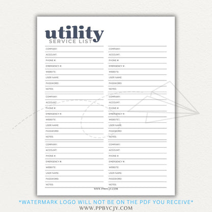 Utility Provider Contact List Printable PDF Template for organizing essential service contacts.

