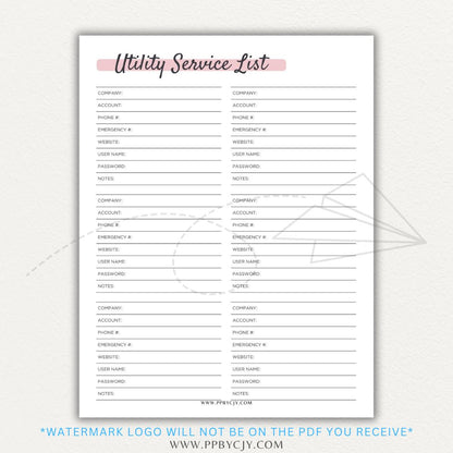 Utility Provider Contact List Printable PDF Template for organizing essential service contacts.

