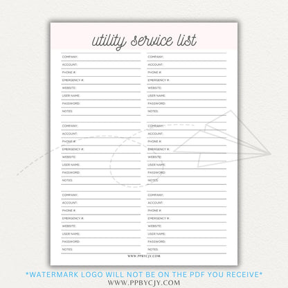 Utility Provider Contact List Printable PDF Template for organizing essential service contacts.

