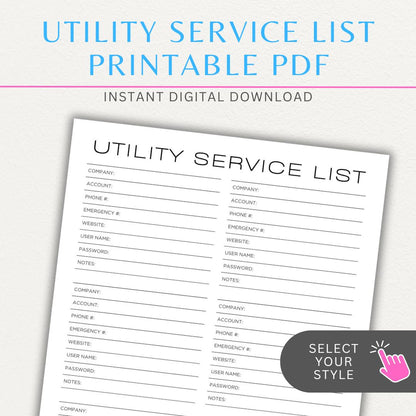 Utility Provider Contact List Printable PDF Template for organizing essential service contacts.

