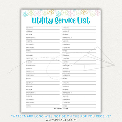 Utility Provider Contact List Printable PDF Template for organizing essential service contacts.

