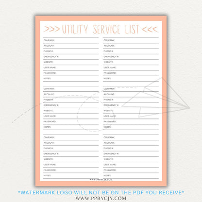 Utility Provider Contact List Printable PDF Template for organizing essential service contacts.

