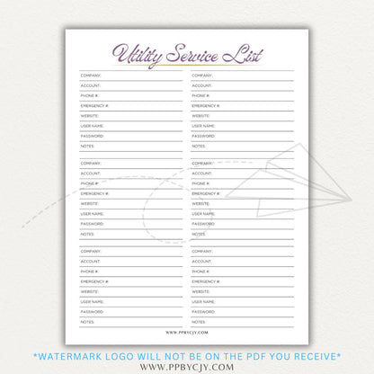 Utility Provider Contact List Printable PDF Template for organizing essential service contacts.

