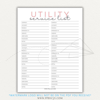 Utility Provider Contact List Printable PDF Template for organizing essential service contacts.

