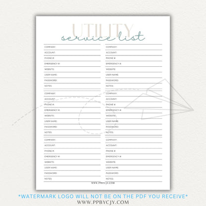 Utility Provider Contact List Printable PDF Template for organizing essential service contacts.


