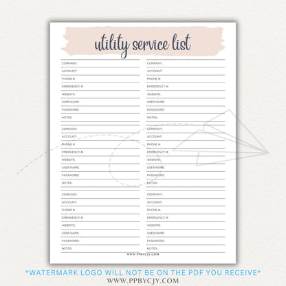 Utility Provider Contact List Printable PDF Template for organizing essential service contacts.

