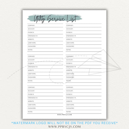 Utility Provider Contact List Printable PDF Template for organizing essential service contacts.

