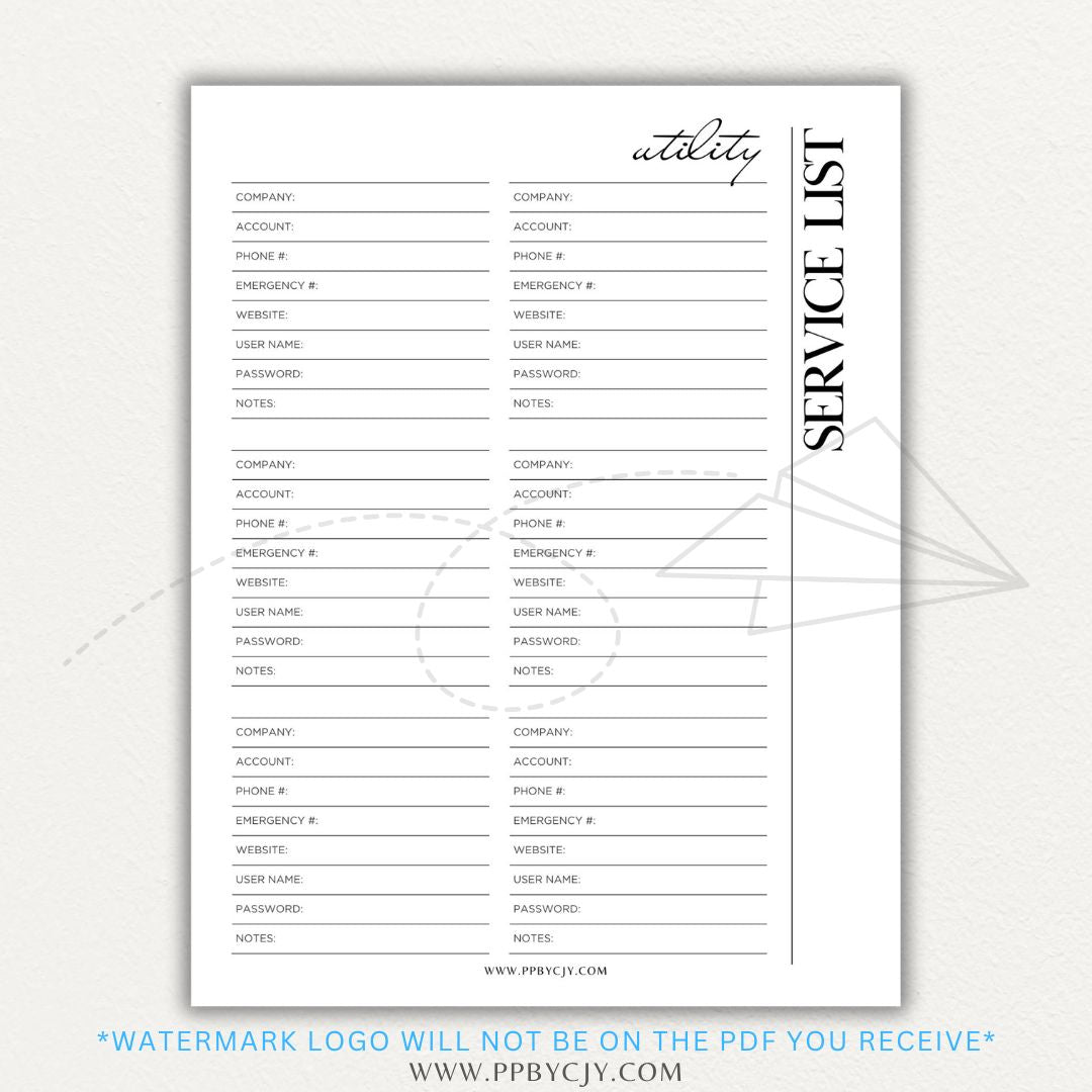 Utility Provider Contact List Printable PDF Template for organizing essential service contacts.

