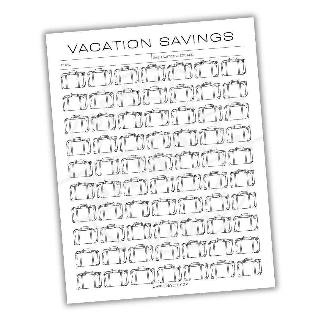 Sheet of 'Vacation Savings' tracker with suitcase illustrations on a white background