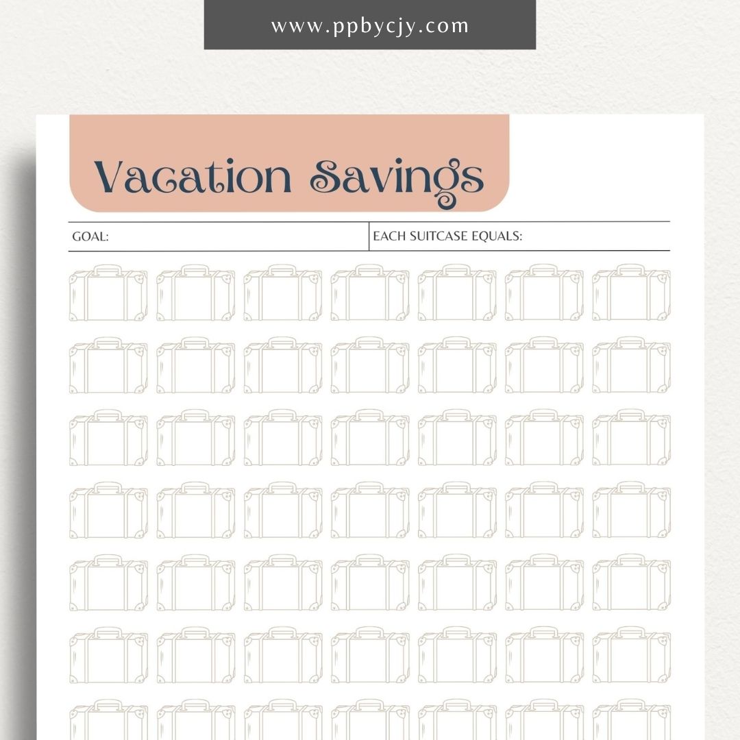 Vacation Savings Challenge Visual Tracker Printable Template – Digital download for visually tracking progress in saving for a vacation, with a fun and engaging design to mark milestones and goals