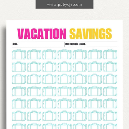 Vacation Savings Challenge Visual Tracker Printable Template – Digital download for visually tracking progress in saving for a vacation, with a fun and engaging design to mark milestones and goals