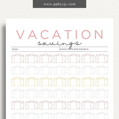 Vacation Savings Challenge Visual Tracker Printable Template – Digital download for visually tracking progress in saving for a vacation, with a fun and engaging design to mark milestones and goals