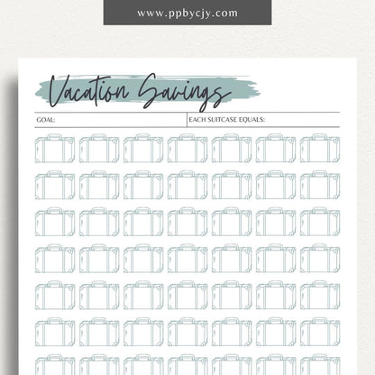 Vacation Savings Challenge Visual Tracker Printable Template – Digital download for visually tracking progress in saving for a vacation, with a fun and engaging design to mark milestones and goals