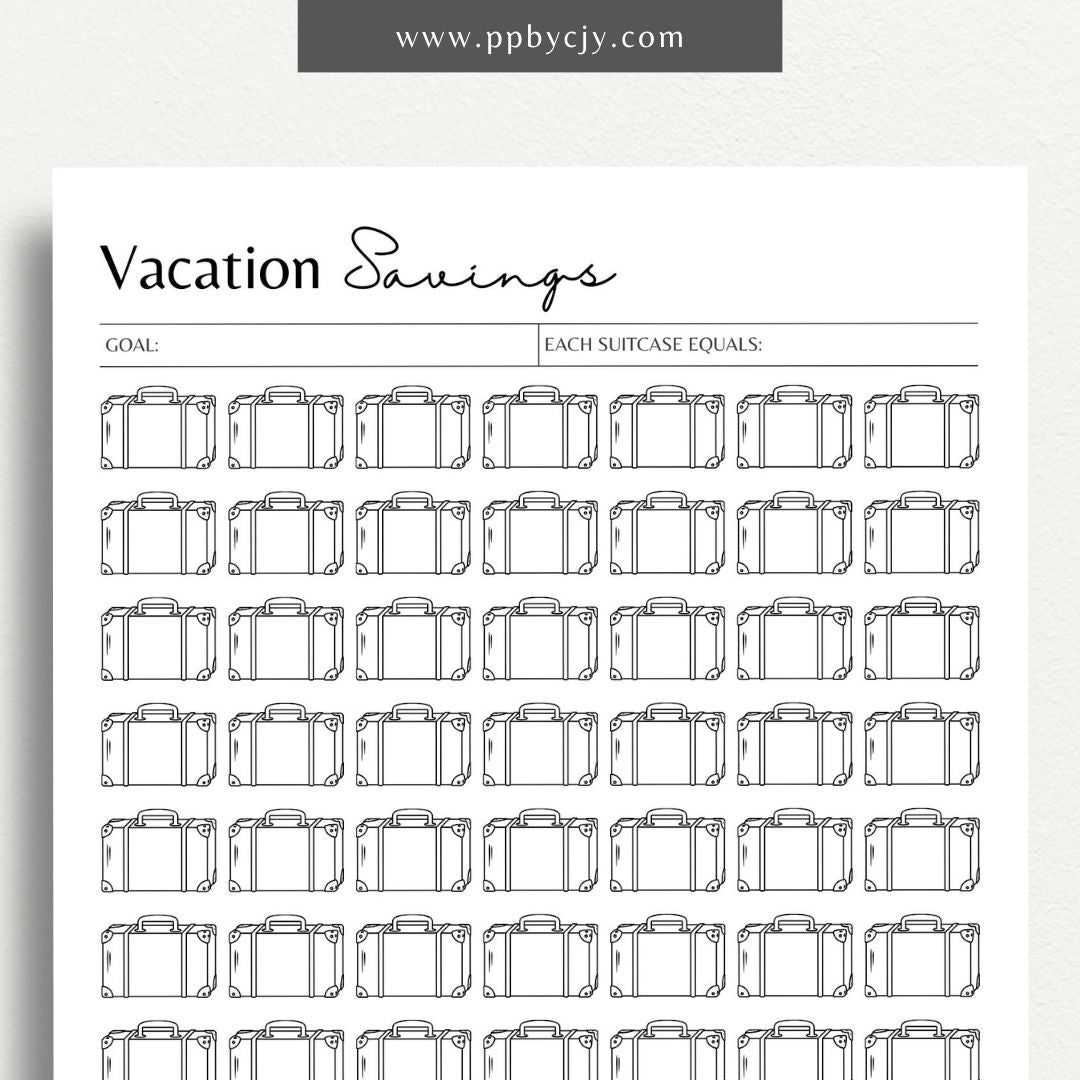 Vacation Savings Challenge Visual Tracker Printable Template – Digital download for visually tracking progress in saving for a vacation, with a fun and engaging design to mark milestones and goals