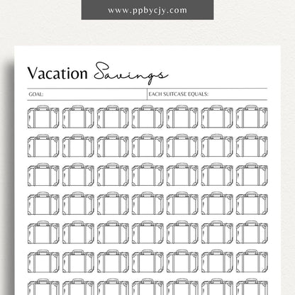 Vacation Savings Challenge Visual Tracker Printable Template – Digital download for visually tracking progress in saving for a vacation, with a fun and engaging design to mark milestones and goals