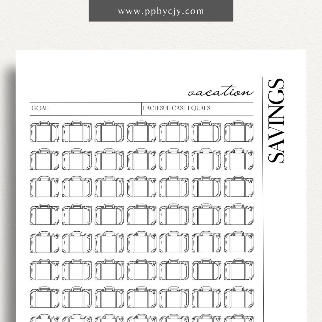 Vacation Savings Challenge Visual Tracker Printable Template – Digital download for visually tracking progress in saving for a vacation, with a fun and engaging design to mark milestones and goals