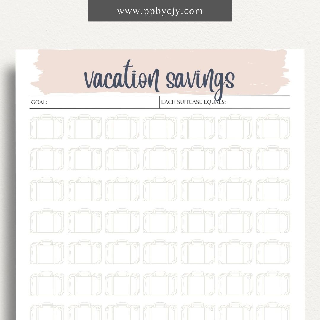 Vacation Savings Challenge Visual Tracker Printable Template – Digital download for visually tracking progress in saving for a vacation, with a fun and engaging design to mark milestones and goals