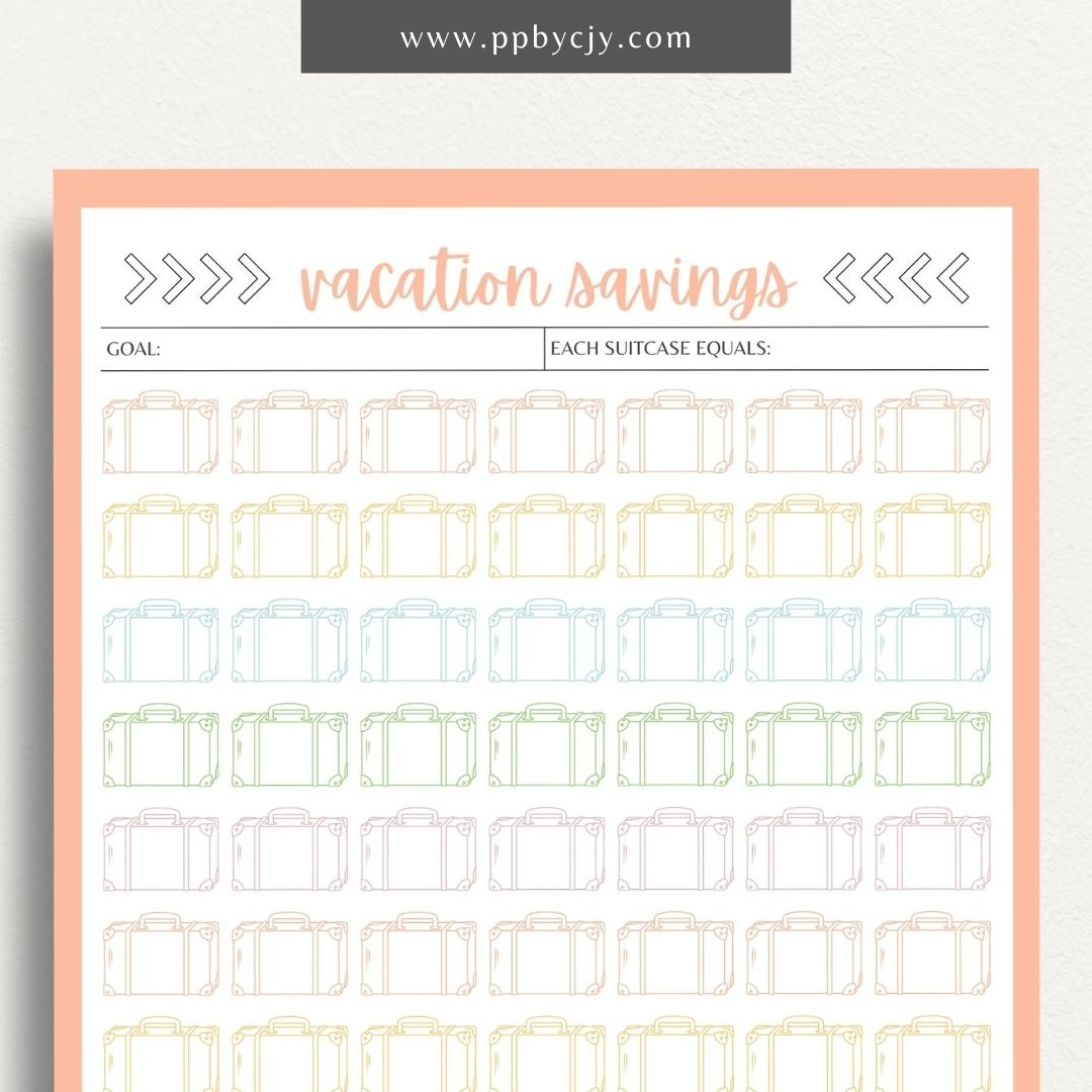 Vacation Savings Challenge Visual Tracker Printable Template – Digital download for visually tracking progress in saving for a vacation, with a fun and engaging design to mark milestones and goals