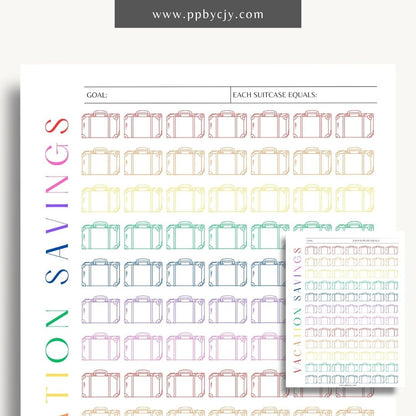 Vacation Savings Challenge Visual Tracker Printable Template – Digital download for visually tracking progress in saving for a vacation, with a fun and engaging design to mark milestones and goals