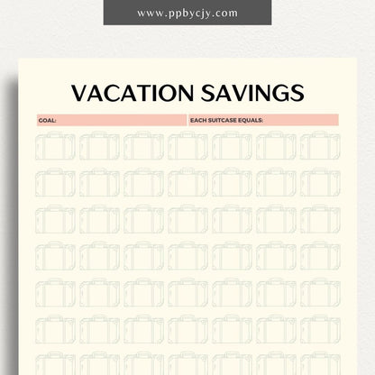 Vacation Savings Challenge Visual Tracker Printable Template – Digital download for visually tracking progress in saving for a vacation, with a fun and engaging design to mark milestones and goals