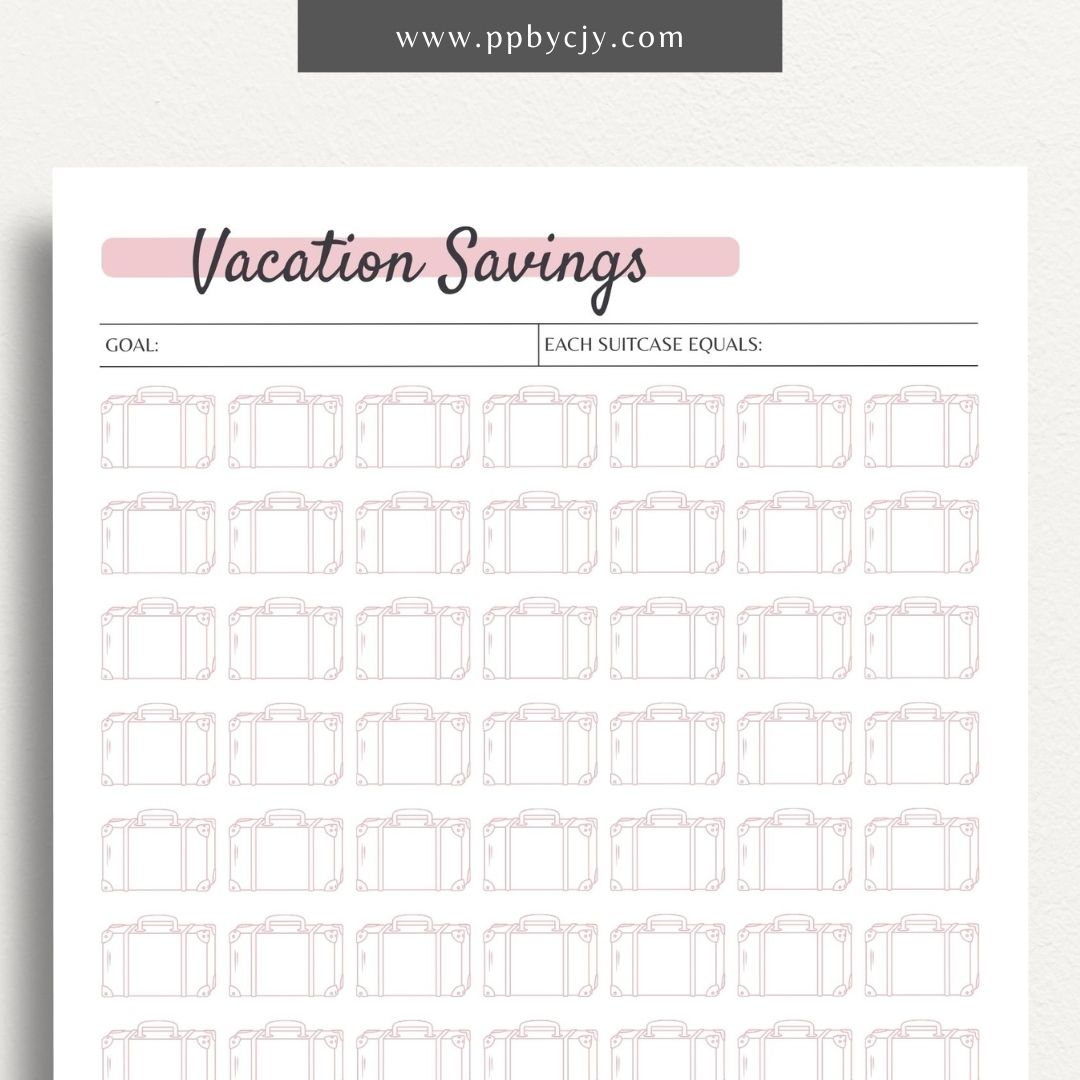 Vacation Savings Challenge Visual Tracker Printable Template – Digital download for visually tracking progress in saving for a vacation, with a fun and engaging design to mark milestones and goals