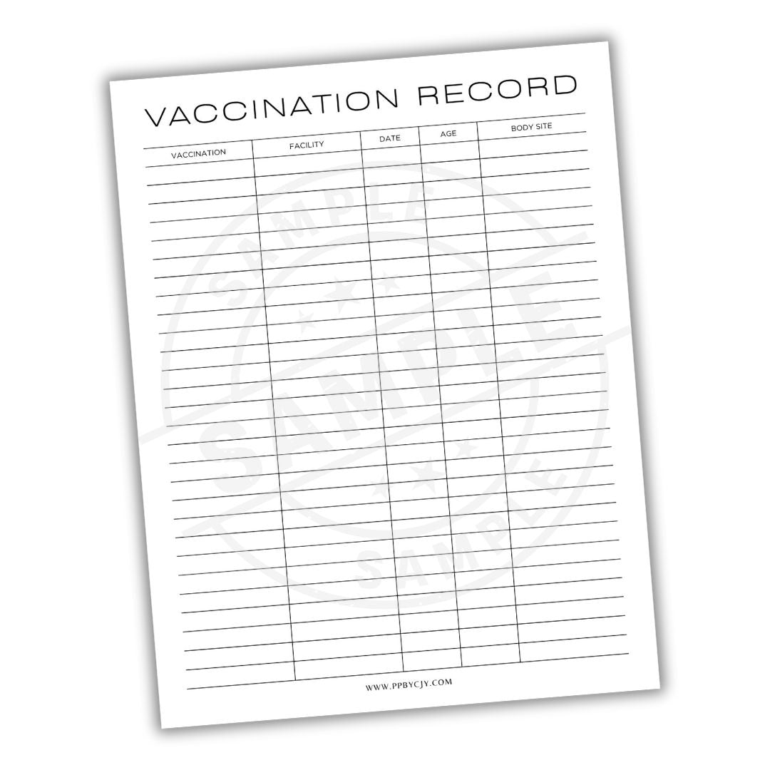 Vaccination record sheet with columns for vaccination details on a white background