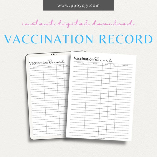 Track vaccination dates, types, and doses with this printable vaccination record template.

