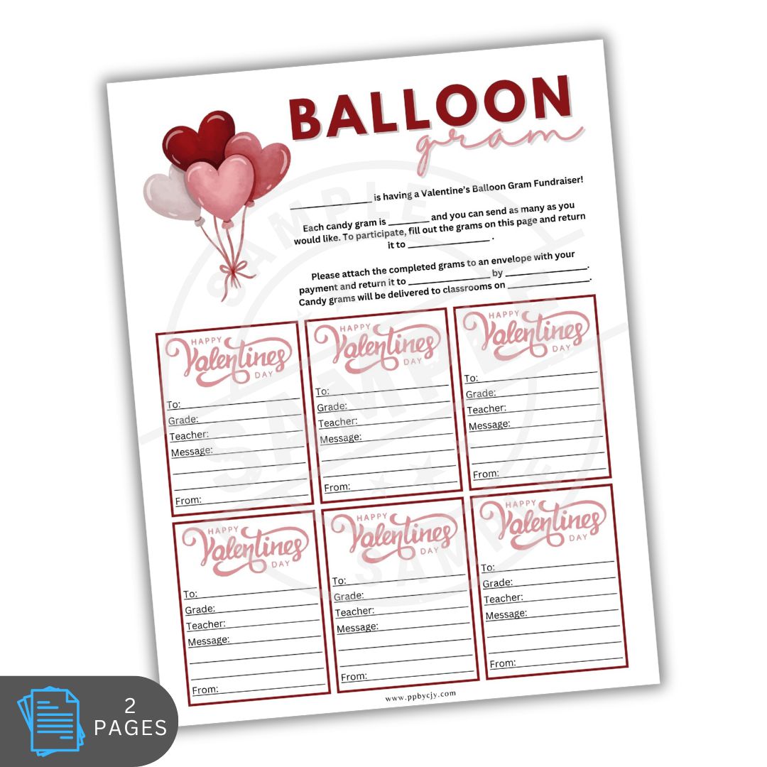 Valentine's Day balloon gram sheet with red balloons on a white background