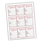 Sheet of Valentine's Day cards with pre-printed text on a white background