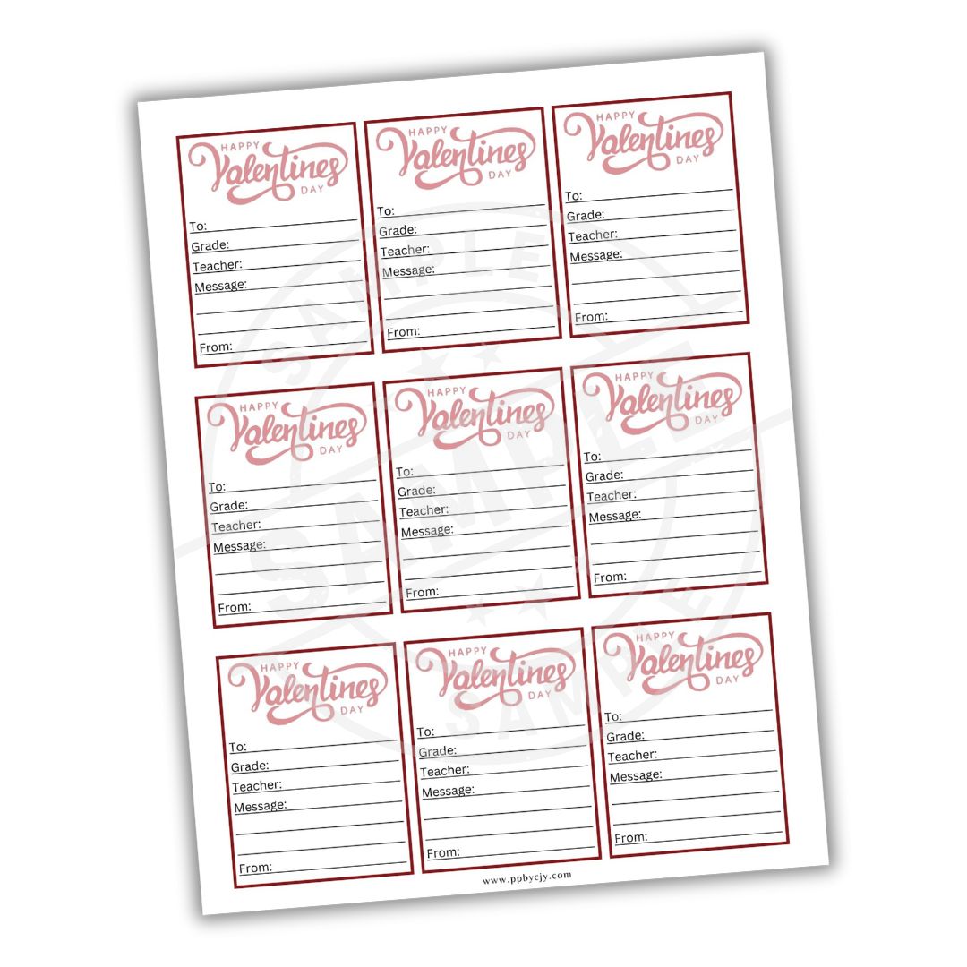 Sheet of Valentine's Day cards with pre-printed text on a white background