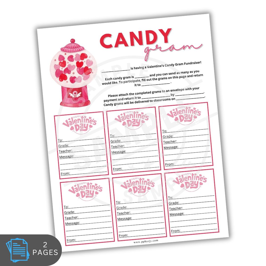 Valentine's Day candy gram fundraiser form with gumball machine illustration on a white background.