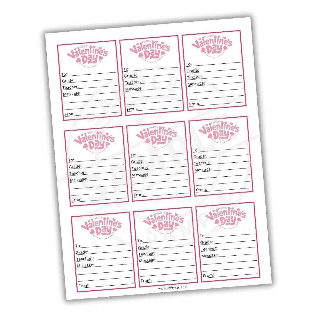 Sheet of Valentine's Day cards with pre-printed text fields on a white background