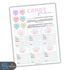 Valentine's Day candy gram fundraiser form with colorful candy-themed graphics on a white background.