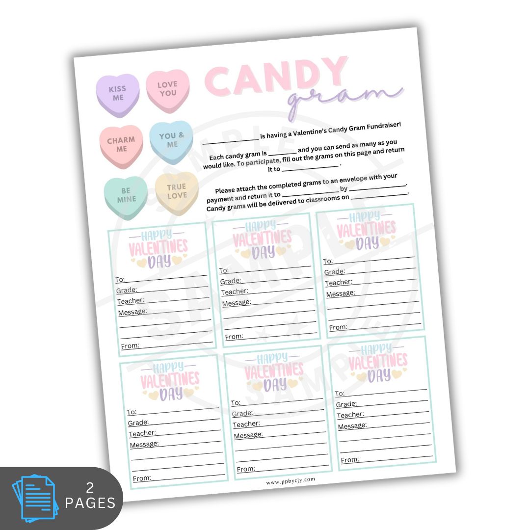 Valentine's Day candy gram fundraiser form with colorful candy-themed graphics on a white background.