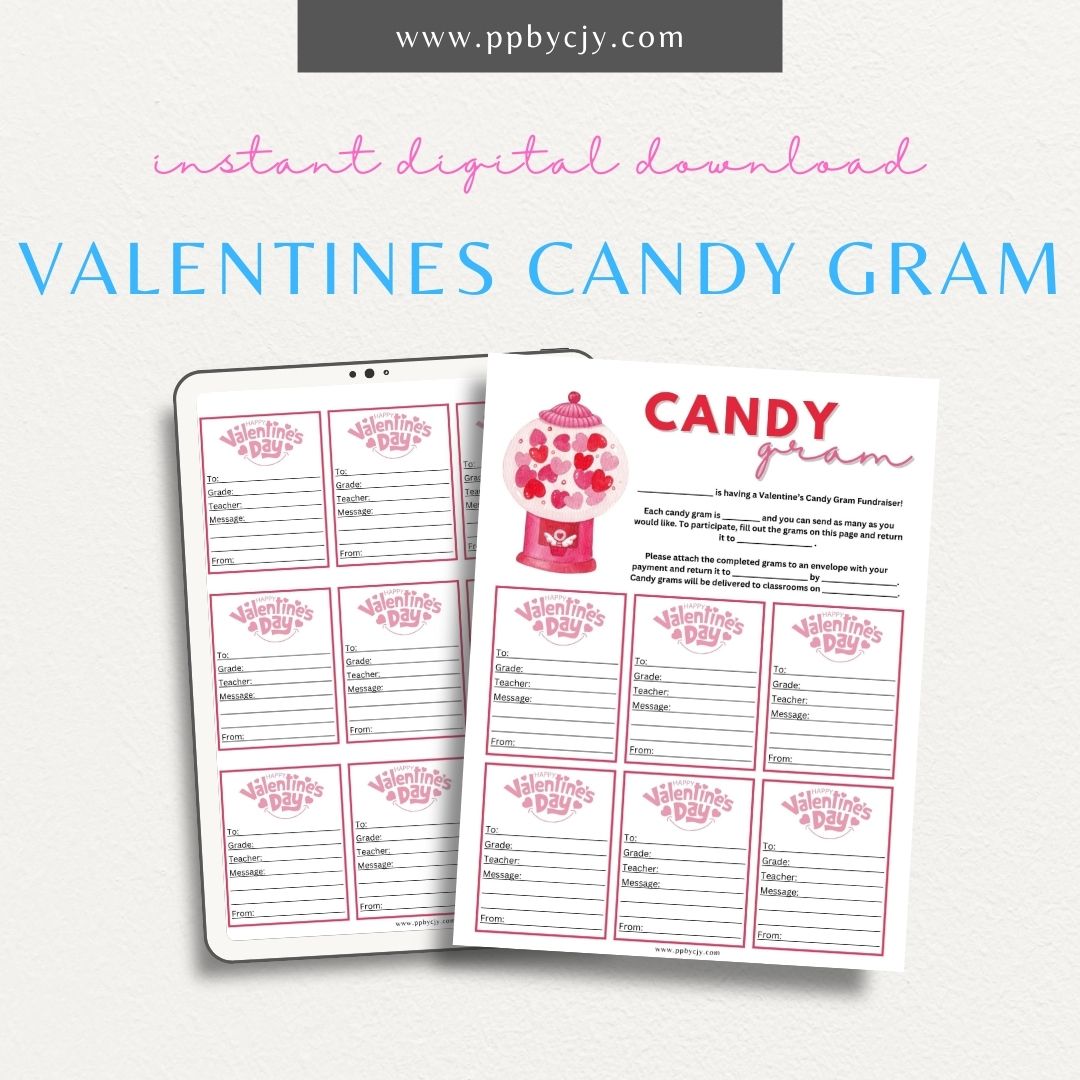 Valentine’s Day Candy Gram printable page with space for personalized messages and candy attachments for a sweet gift.