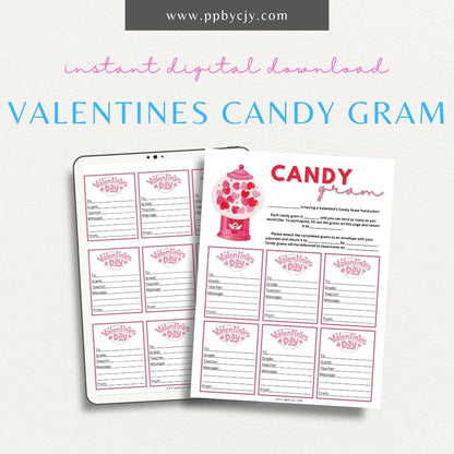 Valentine’s Day Candy Gram printable page with space for personalized messages and candy attachments for a sweet gift.